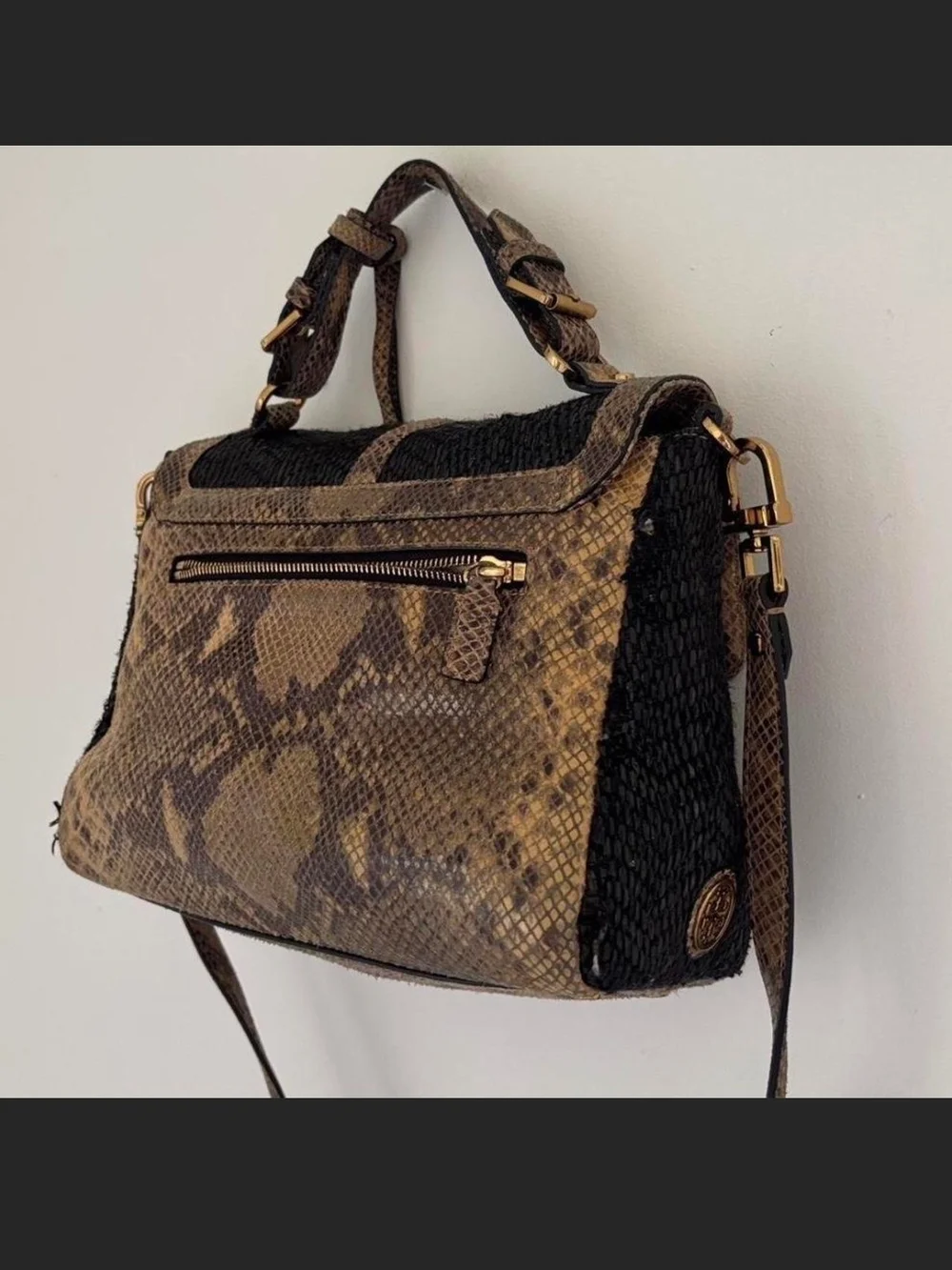 Tory Burch Black and Beige Snake-Trim Raffia Structured Satchel Handbag - Picture 5 of 6
